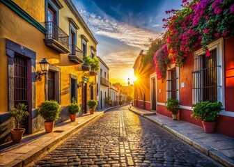Obraz premium Vibrant Puebla Morning: Colorful Streets & Colonial Architecture, Mexico