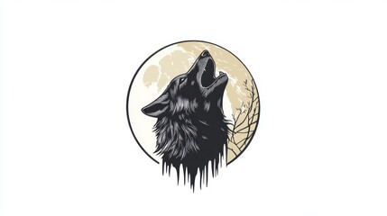 Obraz premium Stylized illustration of a wolf howling at the moon in a circular frame