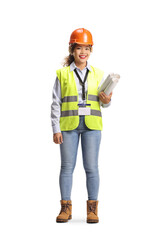 Asian female engineer in a reflective vests holding blueprints
