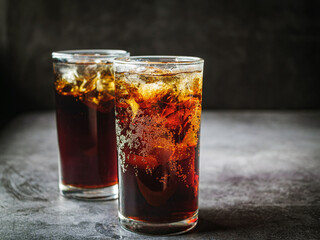 Cola soft drink with ice cubes, soda fizzy drink in Cold two glass on gray background