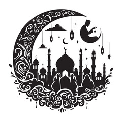 Elegant muslim festival design with crescent moon and lanterns