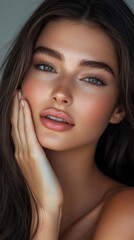 Obraz premium Close-up beauty portrait showcasing flawless glowing skin, natural makeup with pink lips, and striking blue eyes. Dark hair frames the face while gentle hand touch adds softness to composition.