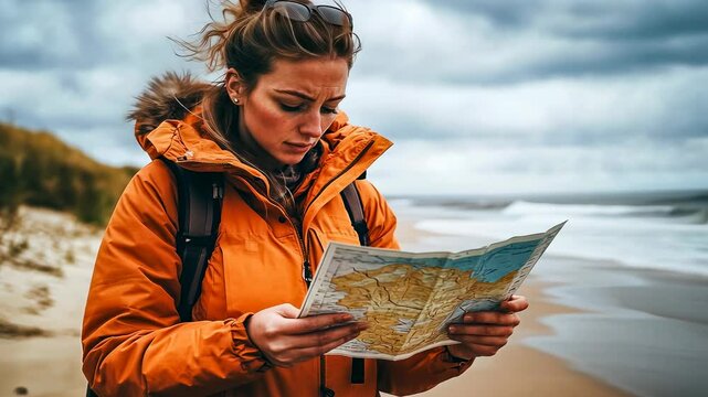 Young woman reading map on windy beach. Female traveler navigating shore morning. Adventurer consults map during seaside walk. Coastal exploration early day. Serene maritime travel vibe. Guiding,
