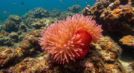 Fototapeta premium A brightly colored sea anemone with flowing tentacles swaying gently in the currents, surrounded by vibrant corals, small fish