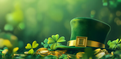 Saint Patrick's Day background. Black pot full of gold coins and leprechaun hat