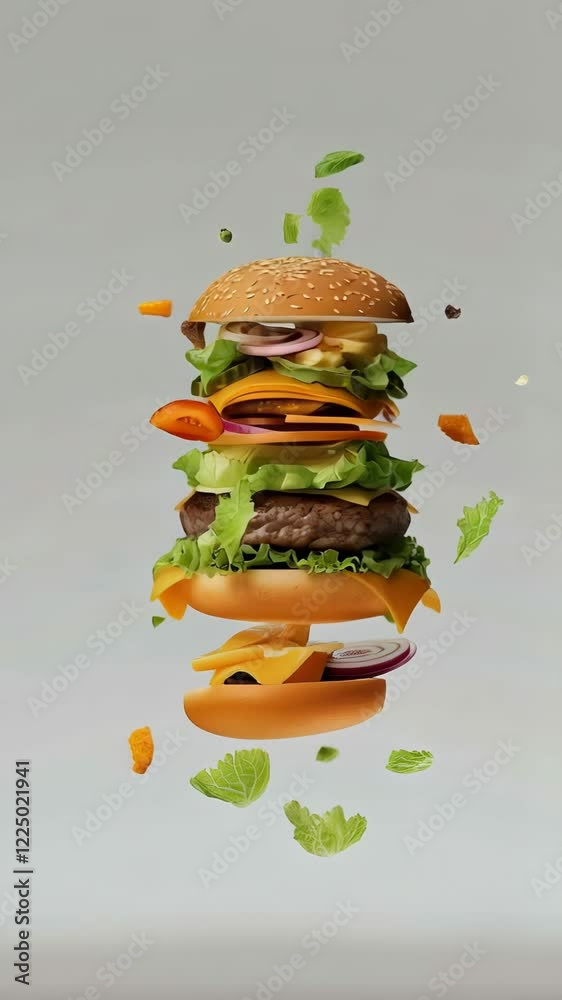 Poster Juicy beef patty. Melted cheese. Crisp lettuce. And toasted buns are exploding in a visually appealing display. Showcasing the delicious components of a classic burger against a simple grey backdrop