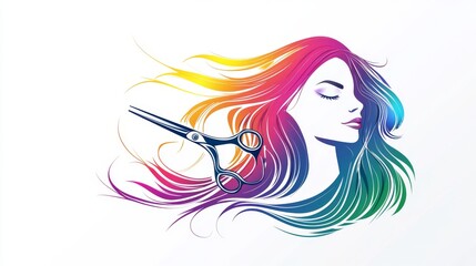 A modern beauty logo showcasing a pair of scissors amidst stylized hair strands, arranged in a circular format with clean lines and striking colors