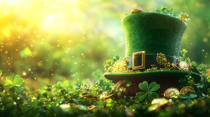 Saint Patrick's Day background. Black pot full of gold coins and leprechaun hat
