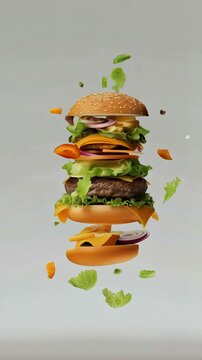 Juicy beef patty. Melted cheese. Crisp lettuce. And toasted buns are exploding in a visually appealing display. Showcasing the delicious components of a classic burger against a simple grey backdrop