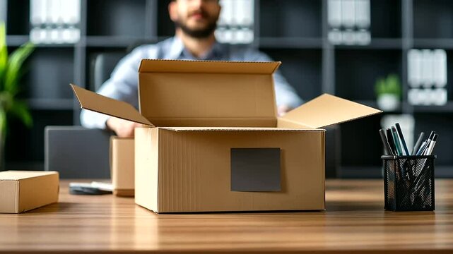 Business professional tidying their desk and packing items into a cardboard box, a desk nameplate and office accessories nearby.