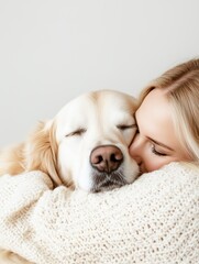 A girl cuddles her golden retriever, showcasing their deep bond and affection. The soft, light-colored background enhances the warmth of their moment together, wrapped in a soft sweater.