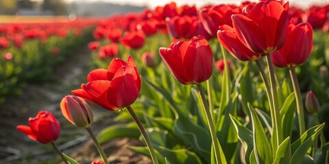 Obraz premium Vibrant Red Tulip Field Springtime Bloom Macro Photography Banner