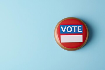A circular button with the word 'VOTE' prominently displayed against a light blue background, symbolizing civic engagement and voting power.