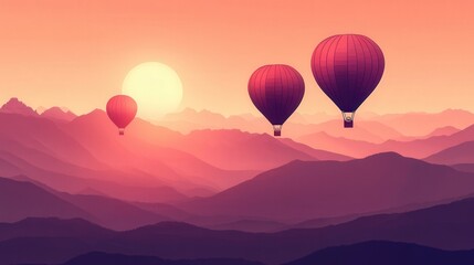 Obraz premium Hot air balloons soaring over majestic mountains during a vibrant sunset, creating a serene atmosphere