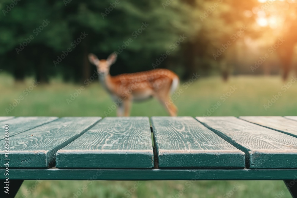 Aufkleber empty green wooden table with blurred deer grazing in the background