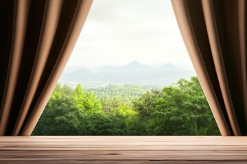 Fototapeta premium A scenic view of mountains and trees framed by curtains, creating a serene atmosphere. Perfect for nature and lifestyle themes.