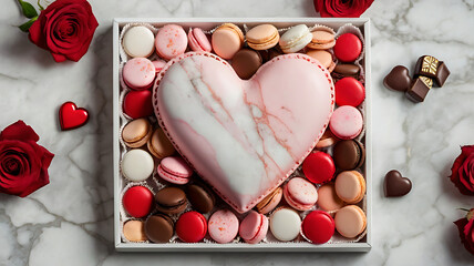 Heart of Macarons and Roses on Marble Background