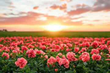 Fototapeta premium A vibrant field of pink flowers illuminated by a stunning sunset. The peaceful scene captures nature's beauty and tranquility.