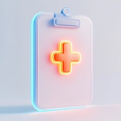 Obraz premium Neon Medical Clipboard with Cross Symbol for Health and Care