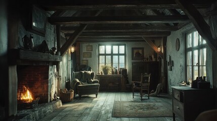 Rustic interior of an old house with fireplace, wooden beams, and antique furniture.