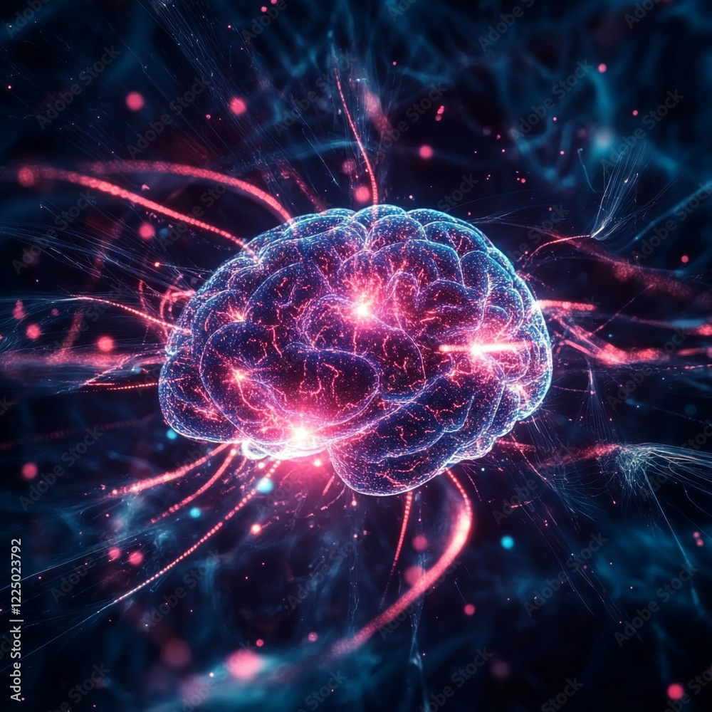 Poster a glowing brain surrounded by cosmic neon light trails, symbolizing cognitive processes, neural conn