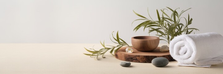 Serene Spa Setting With Wooden Bowl And Rolled Towel