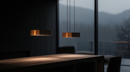 A dark room with a wooden table and two lamps hanging from the ceiling