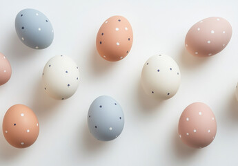 Cute colored matte ceramic eggs arranged in a playful layout for decoration in a bright setting