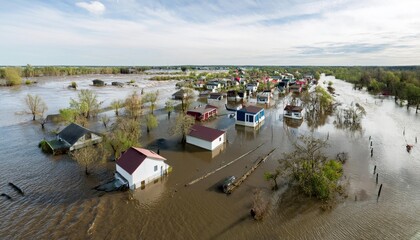 Fototapeta premium flooded region of the village. Houses surrounded by water and debris. Natural disaster,