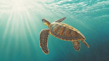 Fototapeta premium Sea turtle swimming in sunlit ocean water.
