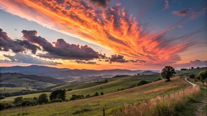 Fototapeta premium Vibrant Sunset Landscape: Fiery Orange and Pink Hues Over Rolling Hills