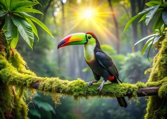 Naklejka premium Vibrant Toucan Perched on Lush Green Branch in Rainforest