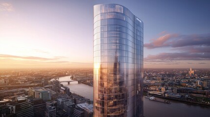 Obraz premium Modern glass skyscraper at sunset over city.
