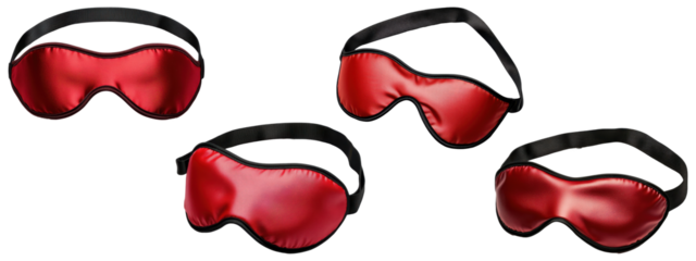 Set of red satin sleep masks with adjustable straps, isolated on transparent background