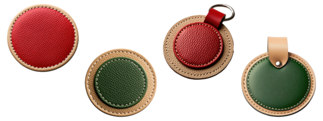 Set of stitched leather patches in red and green, isolated on transparent background