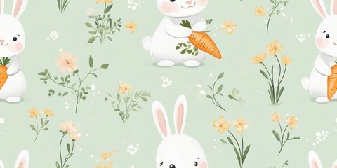 Cute cartoon bunnies with carrots on light green background with flowers