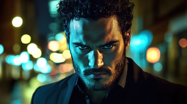 Intense man portrait at night, city bokeh background.