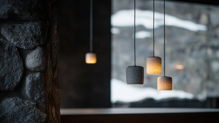 Three light fixtures hanging from the ceiling, one of which is lit