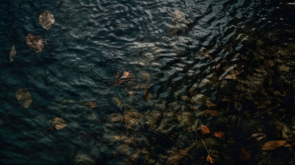 a bird is standing in the water near leaves