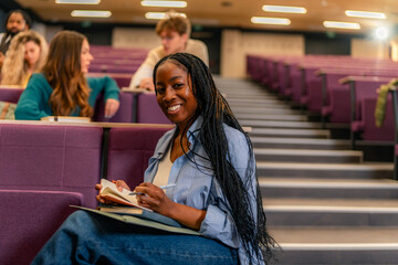 University student taking notes while sitting in lecture hall