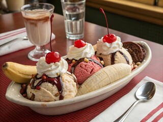 Vintage American Banana Split Sundae Dessert - Classic Ice Cream Parlor Treat