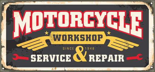 Motorcycle workshop vintage sign vector design concept. Garage sign retro transportation advertisement. 