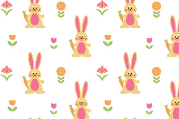 Seamless background with bunny and flowers. Vector illustration.