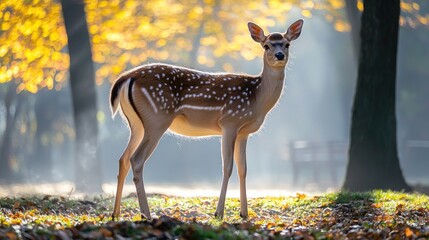 Fawn standing in autumn forest, sunlight.