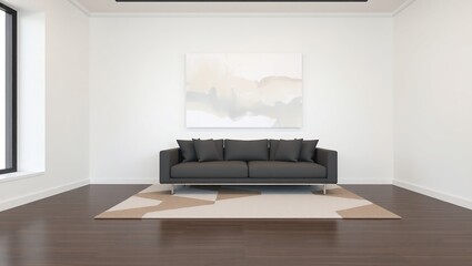 Minimalist living room. White walls and a polished, dark wood floor, illuminated by soft, warm lighting, exuding a sense of calm and serenity.