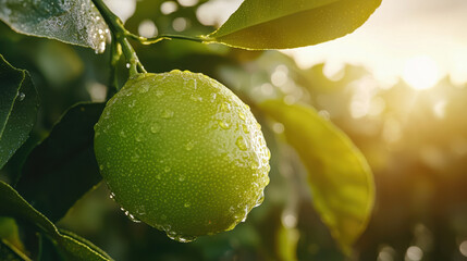 A fresh lime hanging on a tree branch, glistening with dew in the morning light.