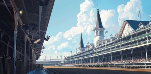 The legendary Churchill Downs racetrack, host of the Kentucky Derby, stands impressively beneath a clear blue sky in Louisville, Kentucky