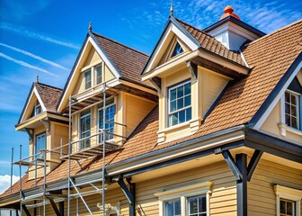 Obraz premium Vintage Building Restoration: Beige Cedar Roof, Black Windows, Scaffolding