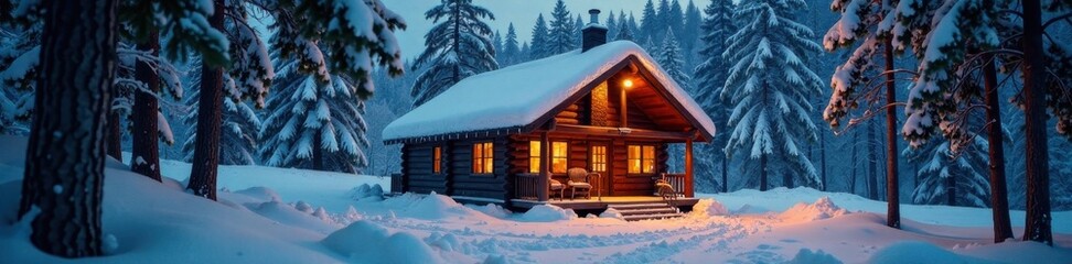 Fototapeta premium Cozy cabin nestled in snowdrift, fireplace glow, peaceful scene, cabin