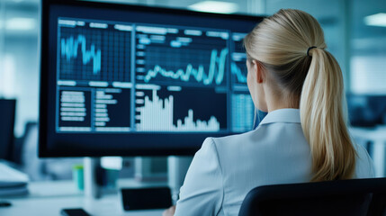 A professional woman analyzes data on a large computer screen in a modern office.